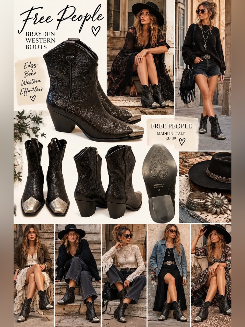 Free People Brayden Western Boots Size 39 Black Leather Ankle Booties